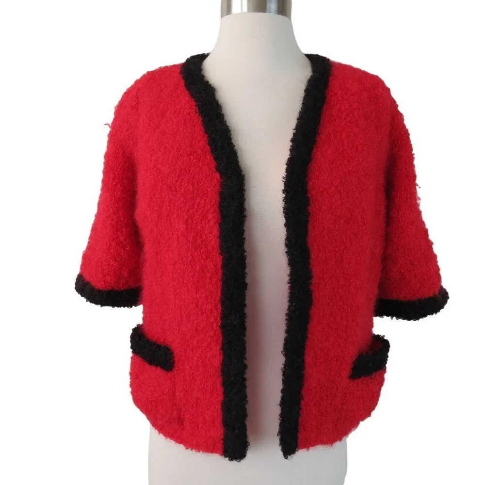 VINTAGE Women's Red & Black Fuzzy Boucle Suit with Dress & Boxy Jacket S-M